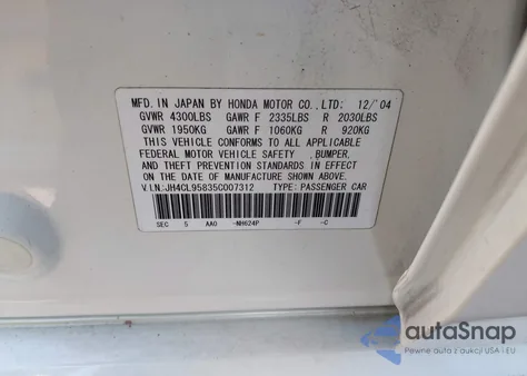 2005 Acura Tsx z USA, uszkodzony, nr VIN JH4CL95835C007312